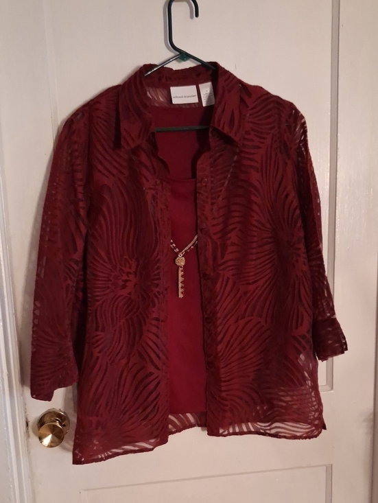 St. John Collection Tops - St. John Collection Burgundy Sheer  Button-Down with Matching Tank And Necklace